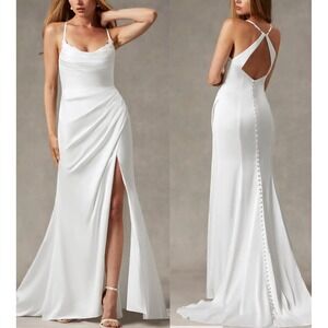 Azazie Wedding Dress 8 Mermaid Slit Lace Train Minimalist Coquette Bridal $339